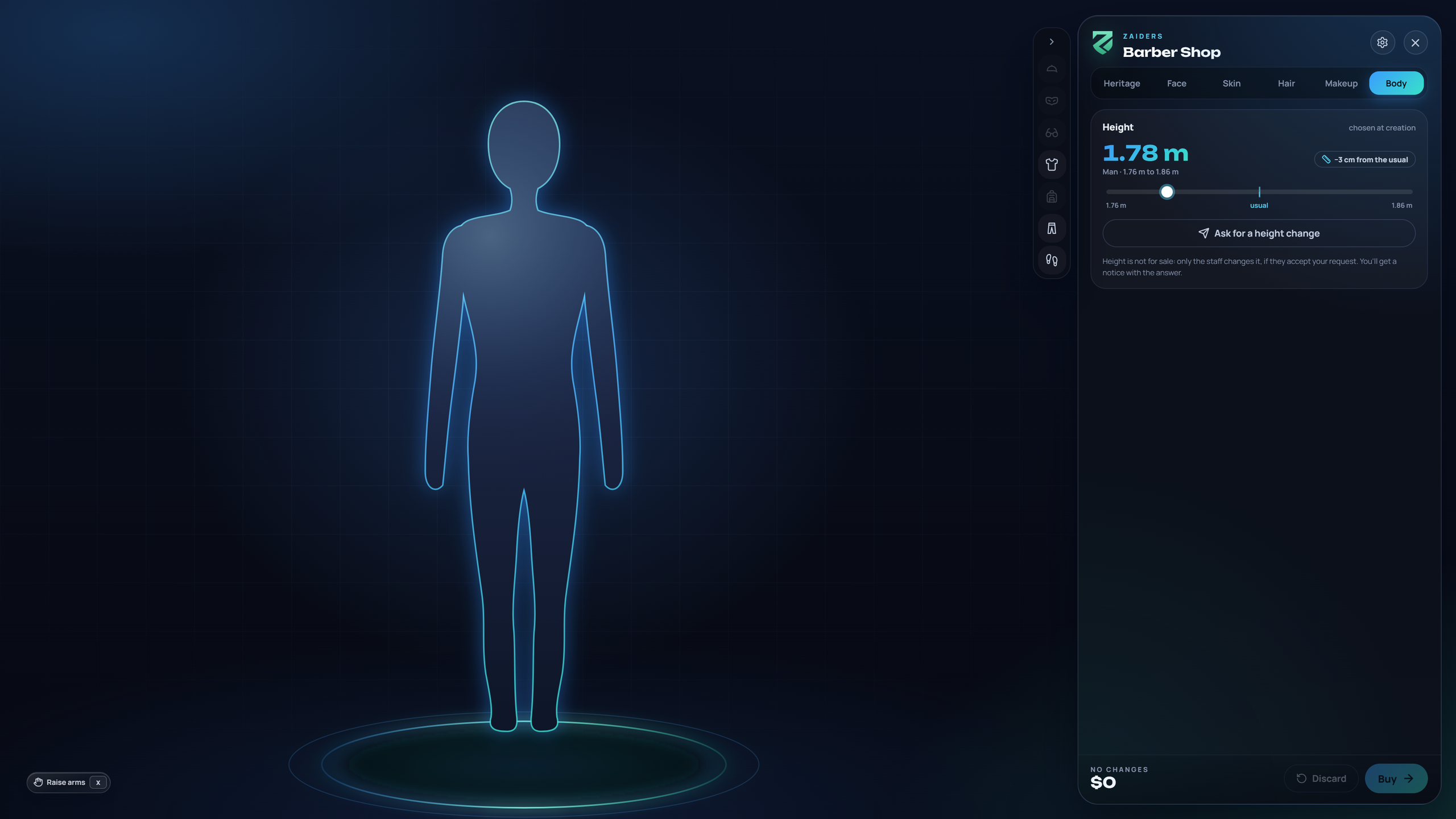 The barber's Body tab: the height, its place in the range and the button to ask for a change