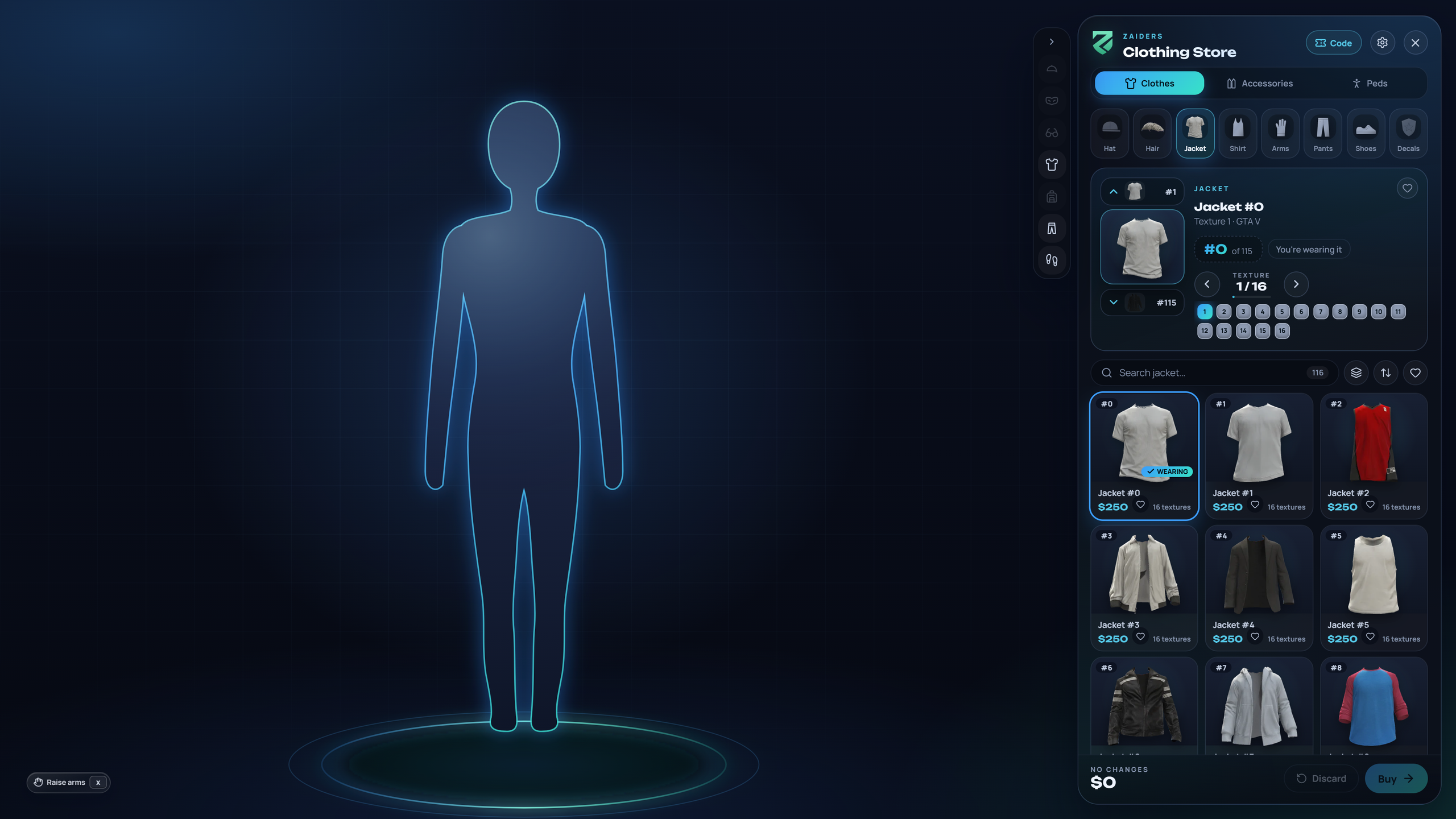 The clothing store open in the game: the menu on the right, the take-off buttons beside it and the arms button at the bottom left