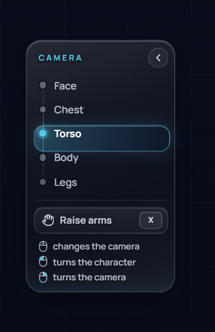 The camera panel: Face, Chest, Torso, Body and Legs, with the arms button