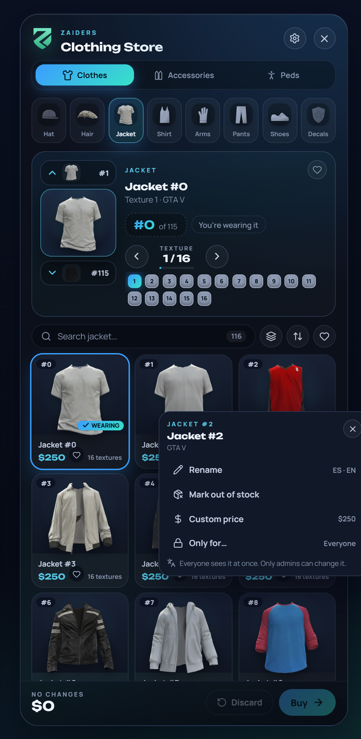 The right-click menu of a garment