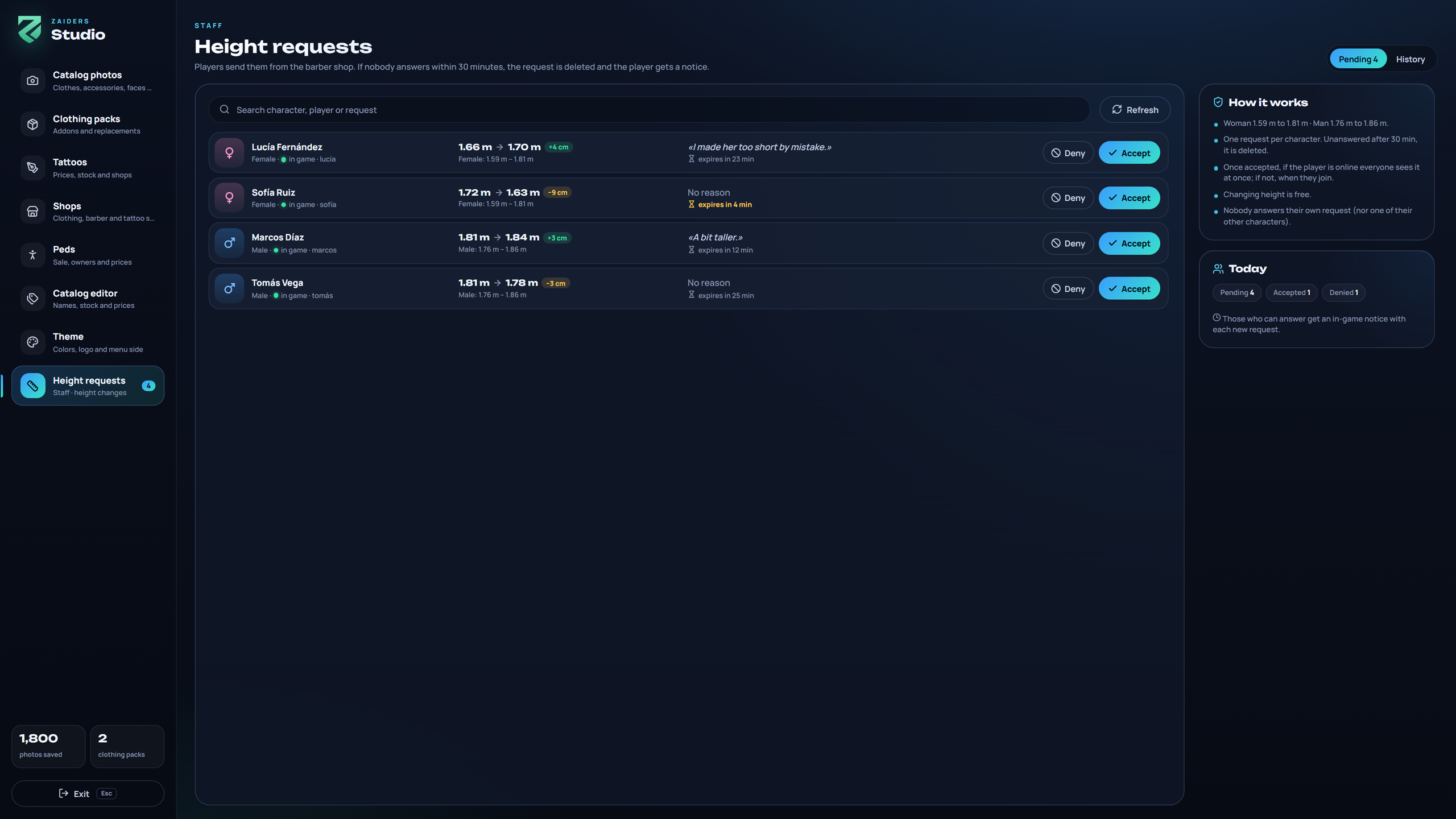 ZAIDERS Studio on Height requests: the pending requests with Accept and Deny, How it works and Today
