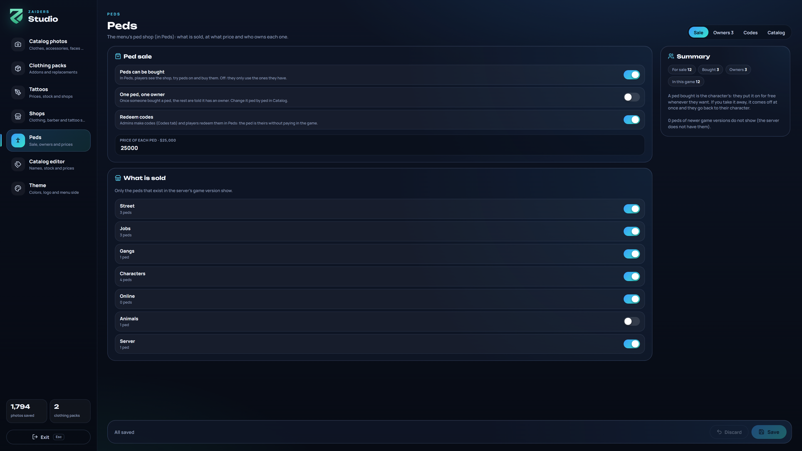Peds: the sale settings, what is sold and a summary
