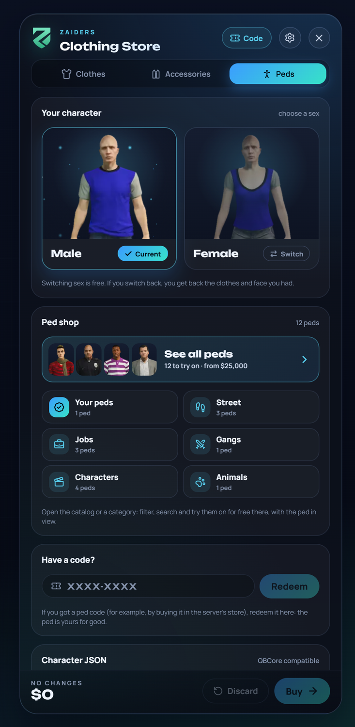 The Peds section: your character, the ped shop and the code box