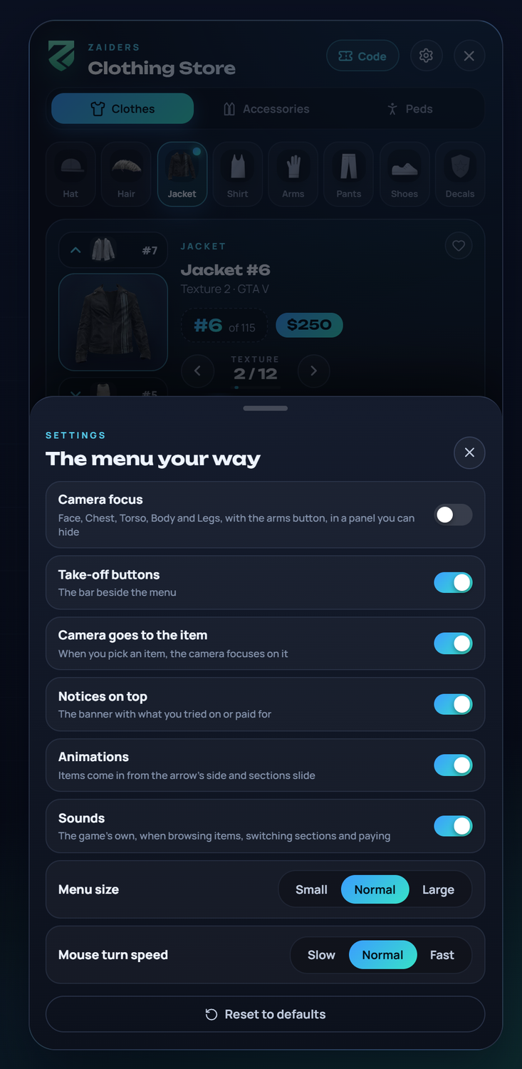 The Settings sheet of the menu