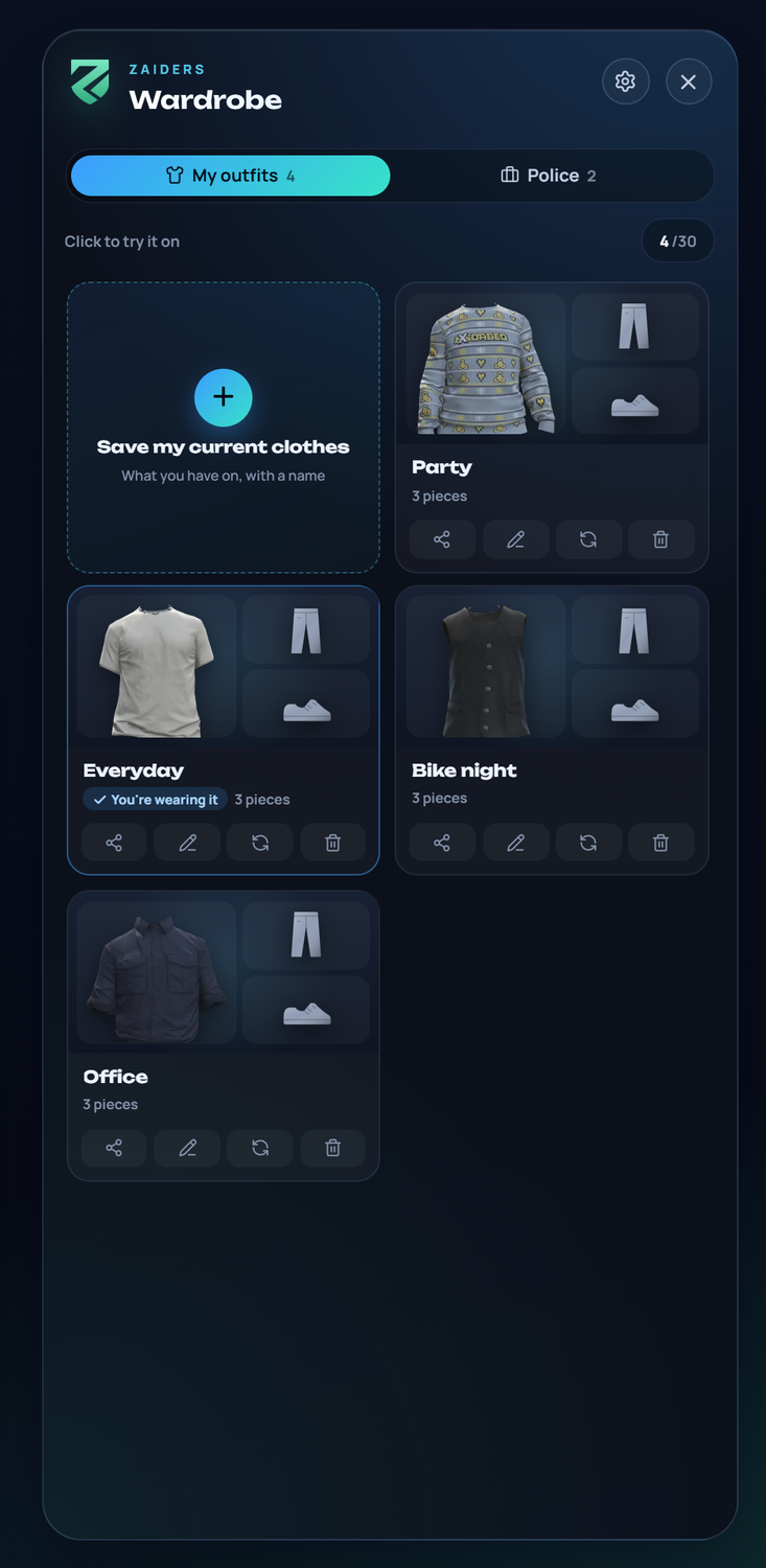 My outfits: a card per outfit with its main garments