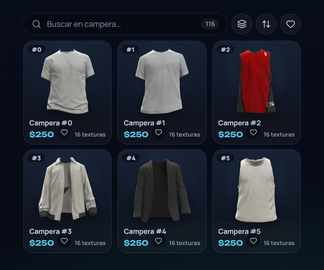 La grilla de prendas con sus fotos y precios
