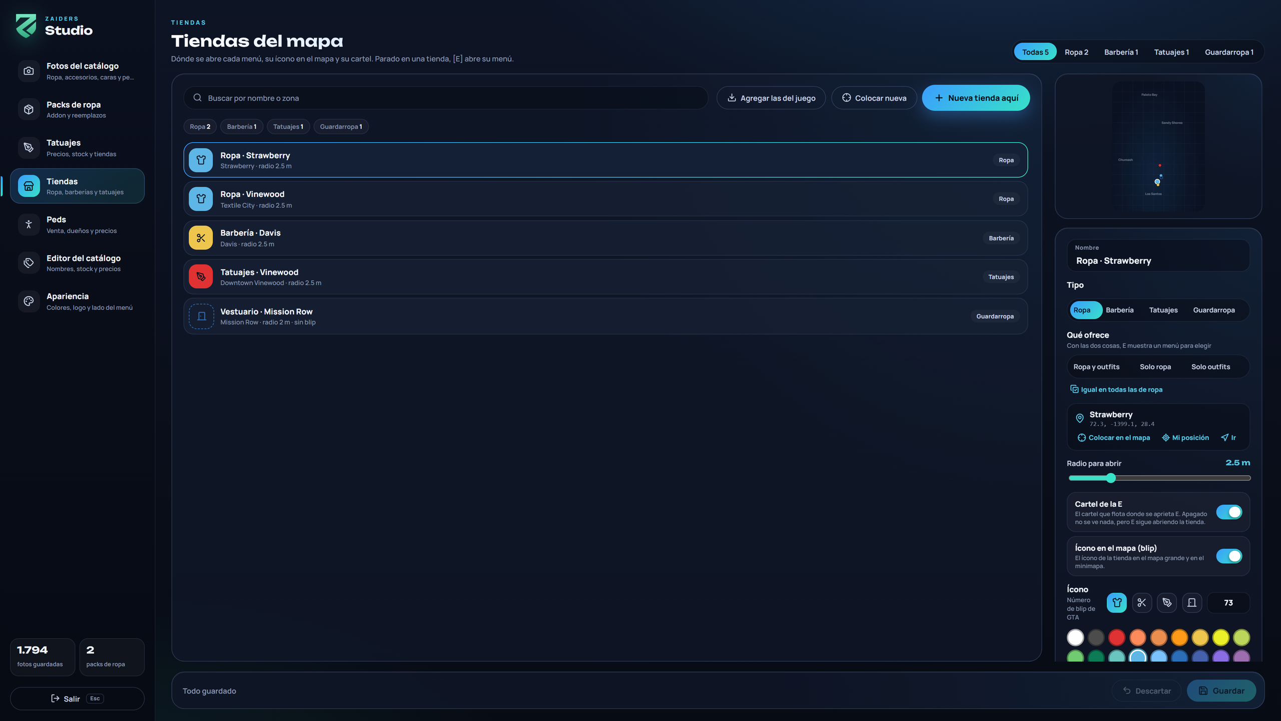 Una tienda de ropa abierta en el editor: nombre, tipo, qué ofrece, lugar, radio, cartel de la E y blip