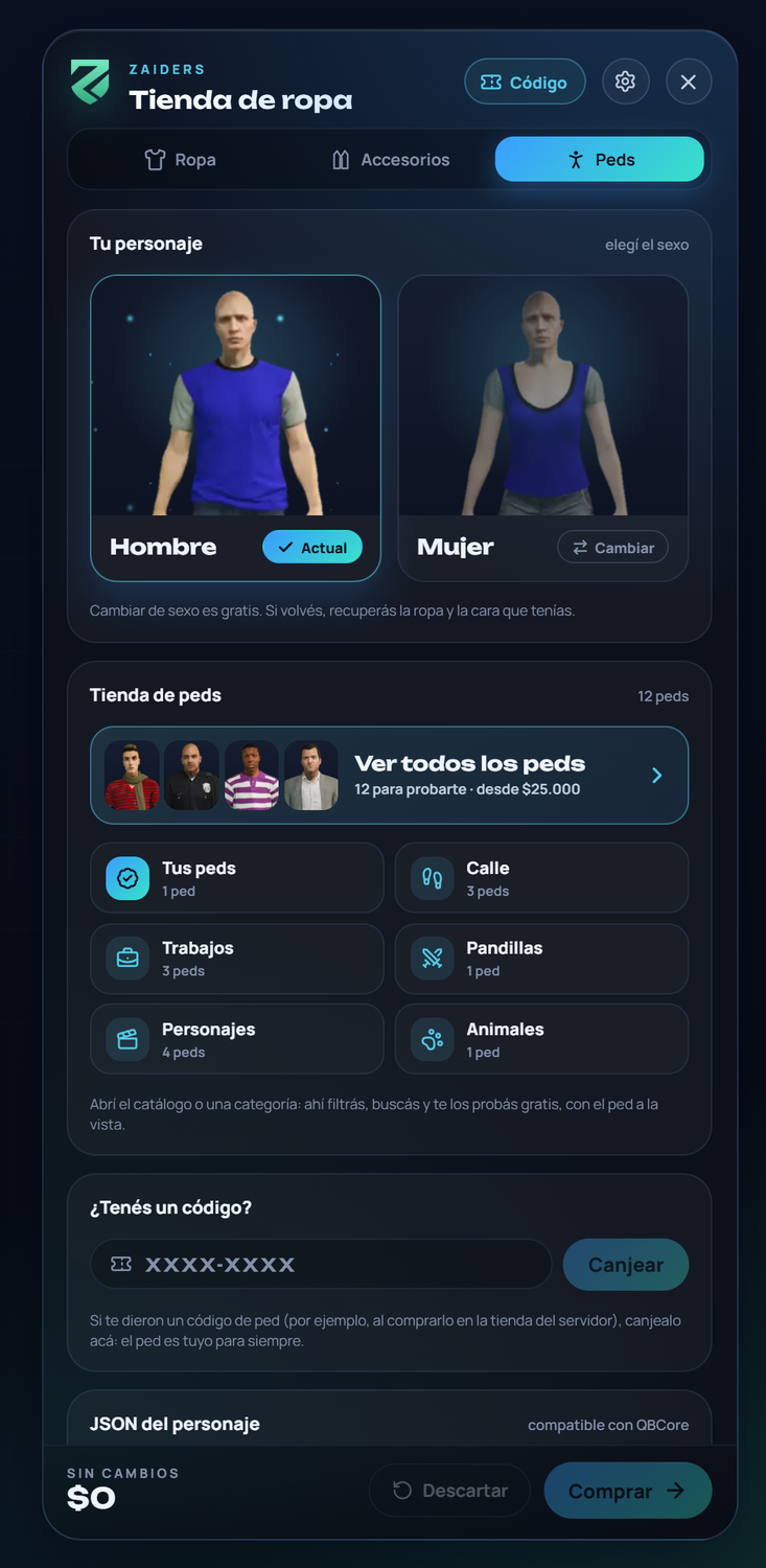 La sección Peds: tu personaje, la tienda de peds y el recuadro de códigos