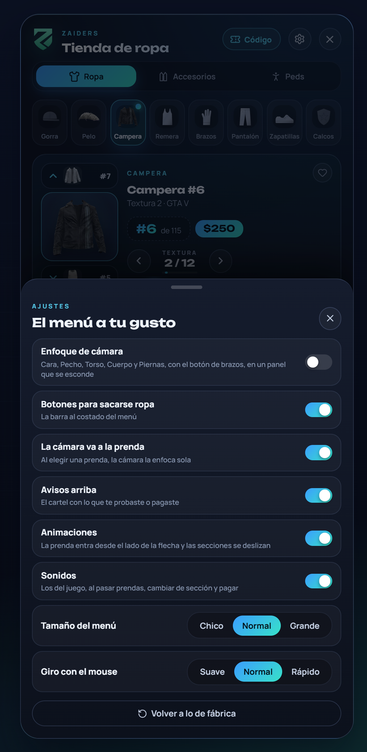 La hoja de Ajustes del menú
