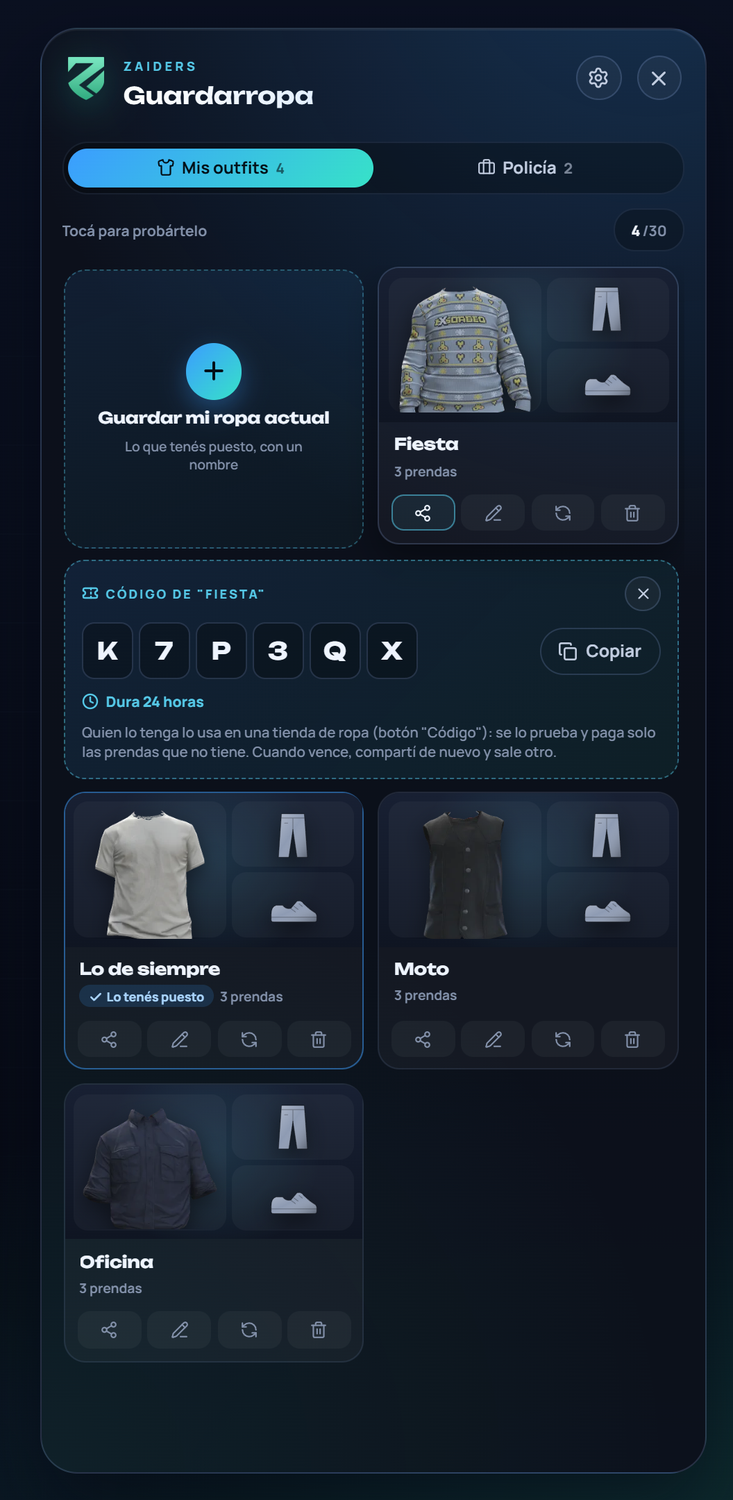 El código de un outfit para compartir, en letras grandes