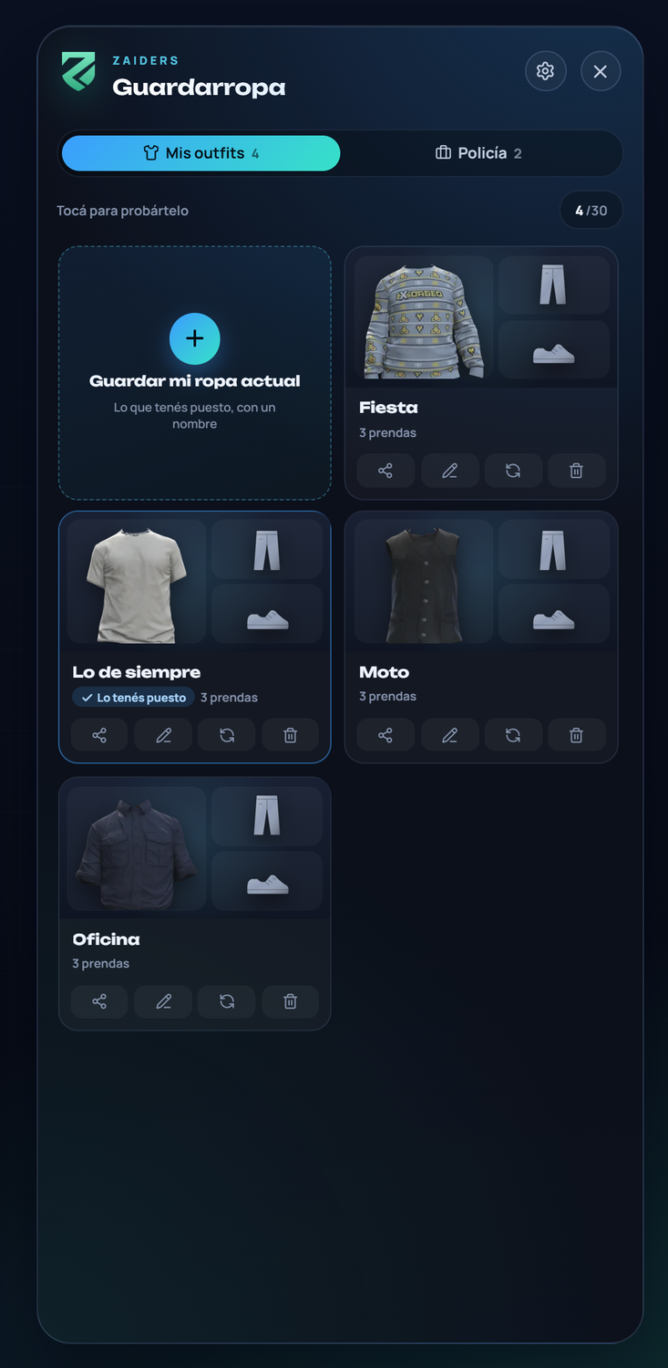 Mis outfits: una tarjeta por outfit con sus prendas principales